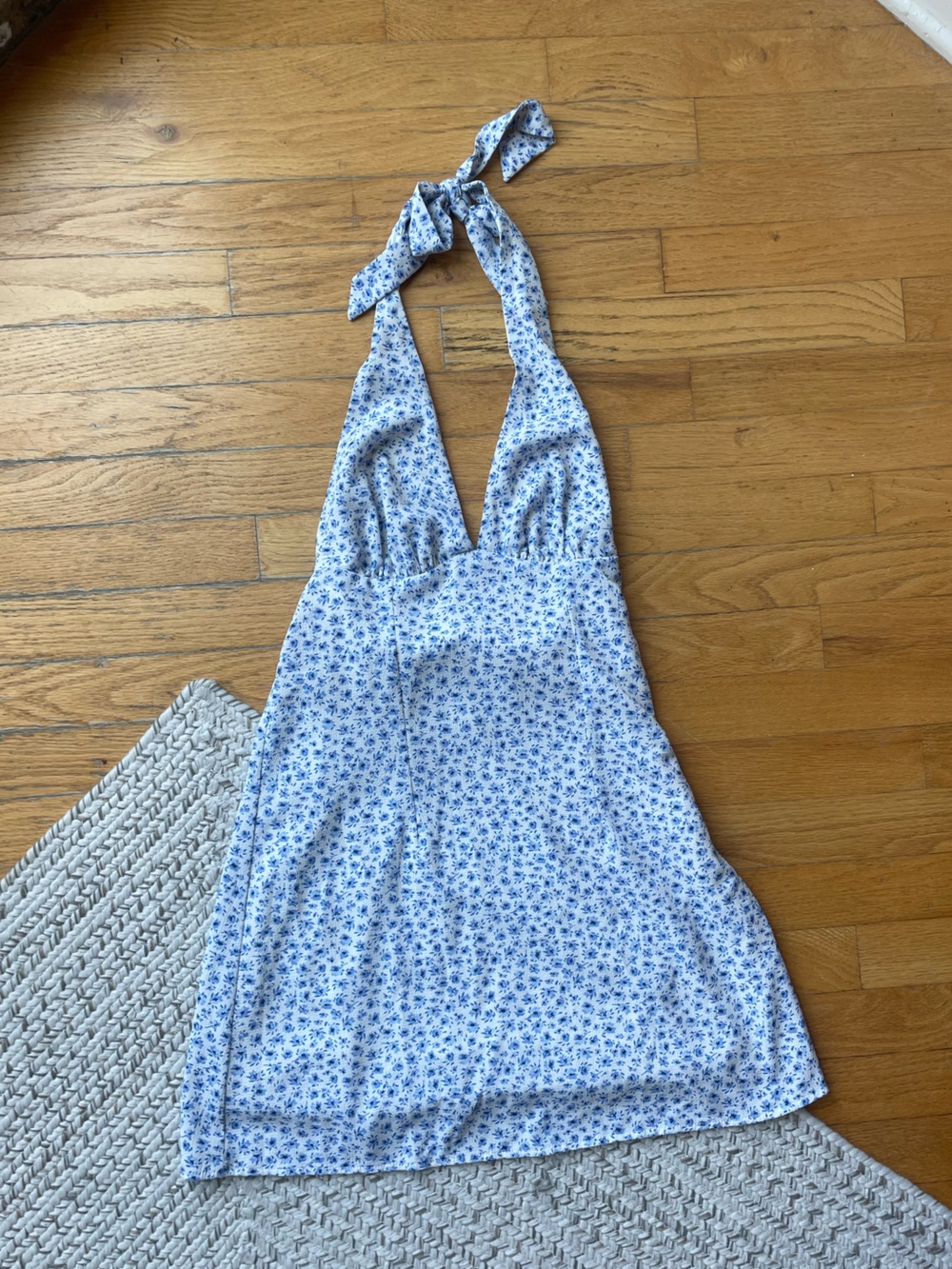 White & Blue Floral Halter Mini Dress